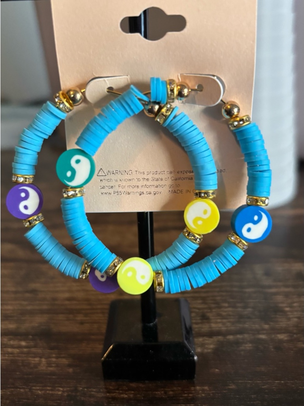 Turquoise‎ Heishi Bead Boho Hoop Earrings with Multicolor Yin Yang Charms